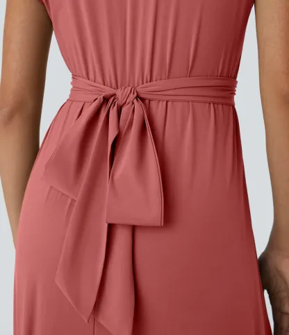 V-neck Short-sleeve Pocket Lace-up Back Quick-drying Mid-length Casual Dress-extended