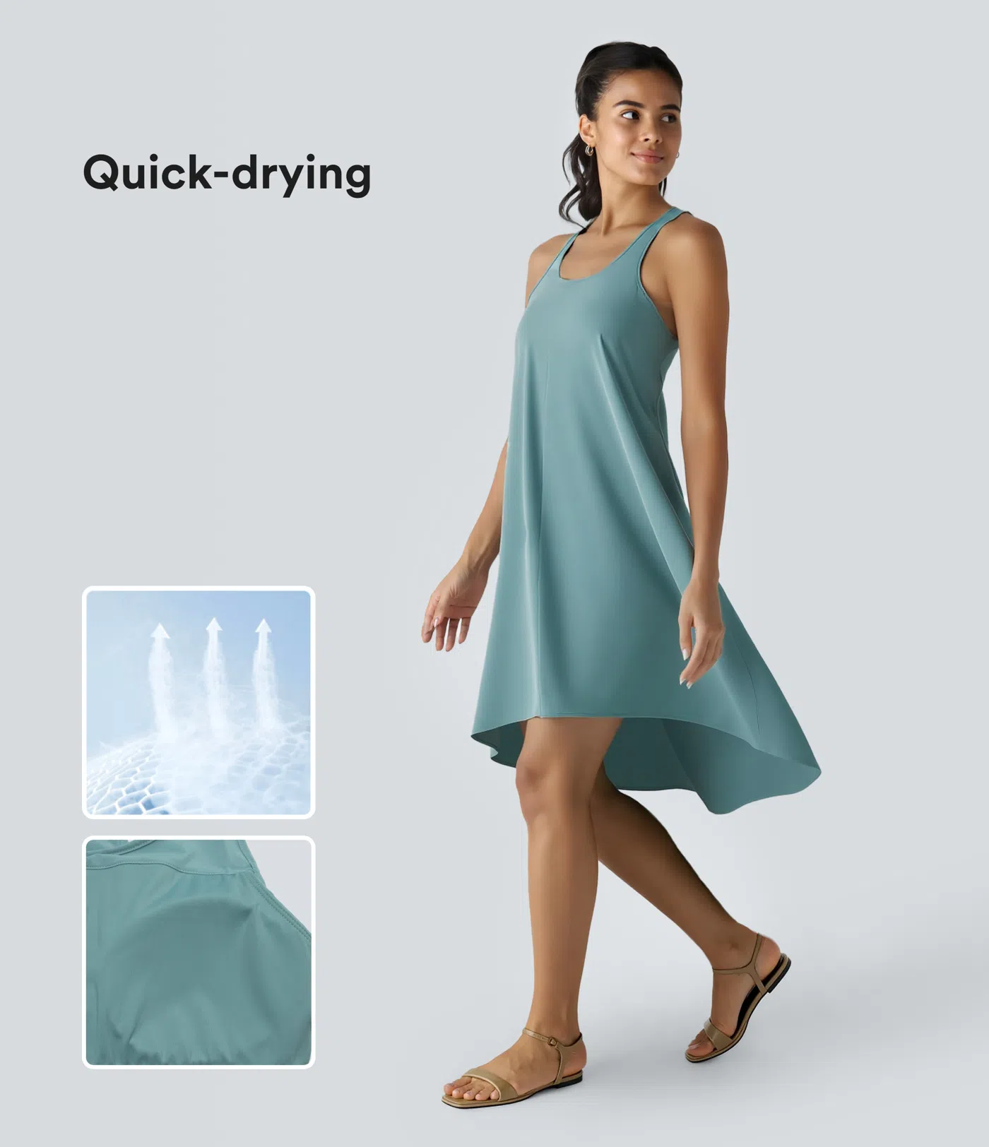 Backless Side-Pocket High-Low Hem Flowy Mid-Length Quick-Drying Casual Dress