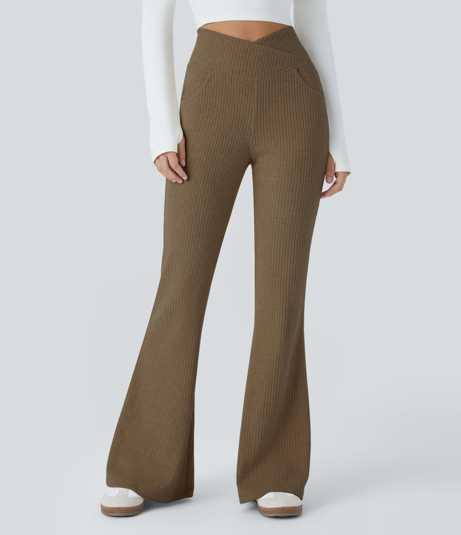 Ribbed Knit Crossover High Waisted Pocket Casual Flare Pants