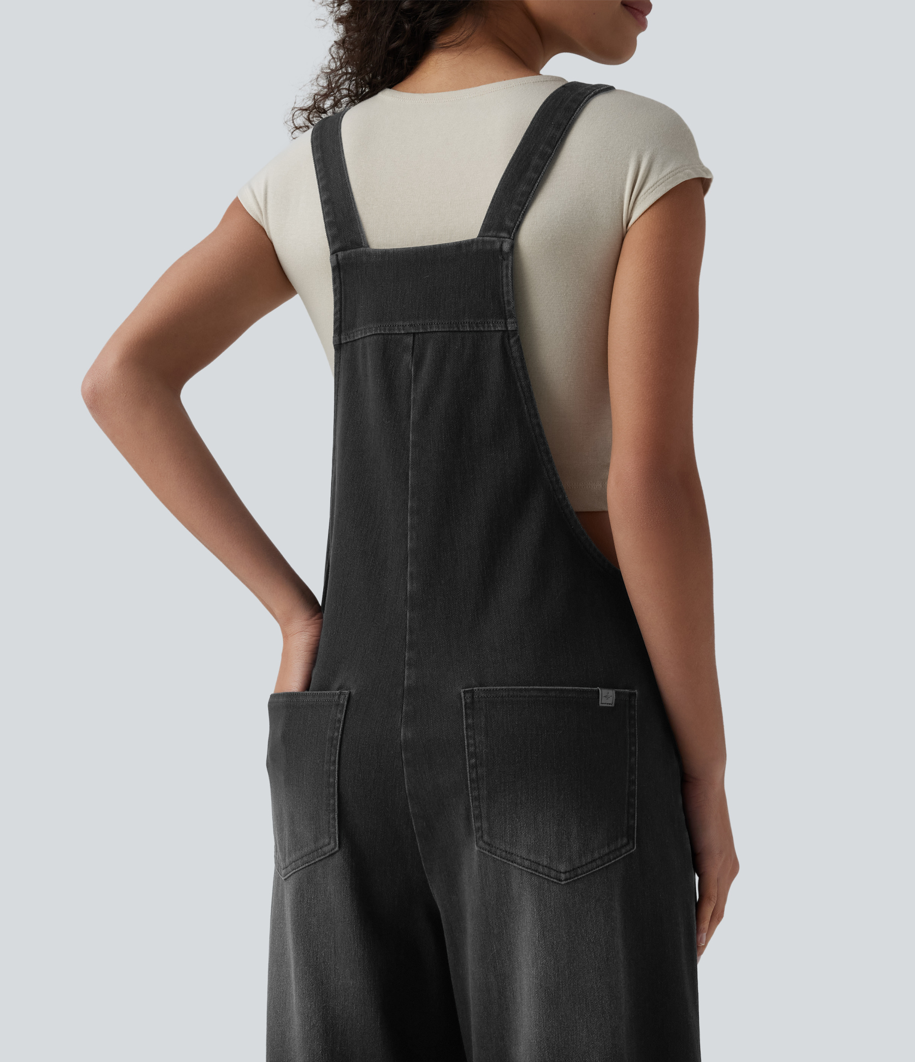 Square Neck Washed Denim Casual Overalls with Pockets