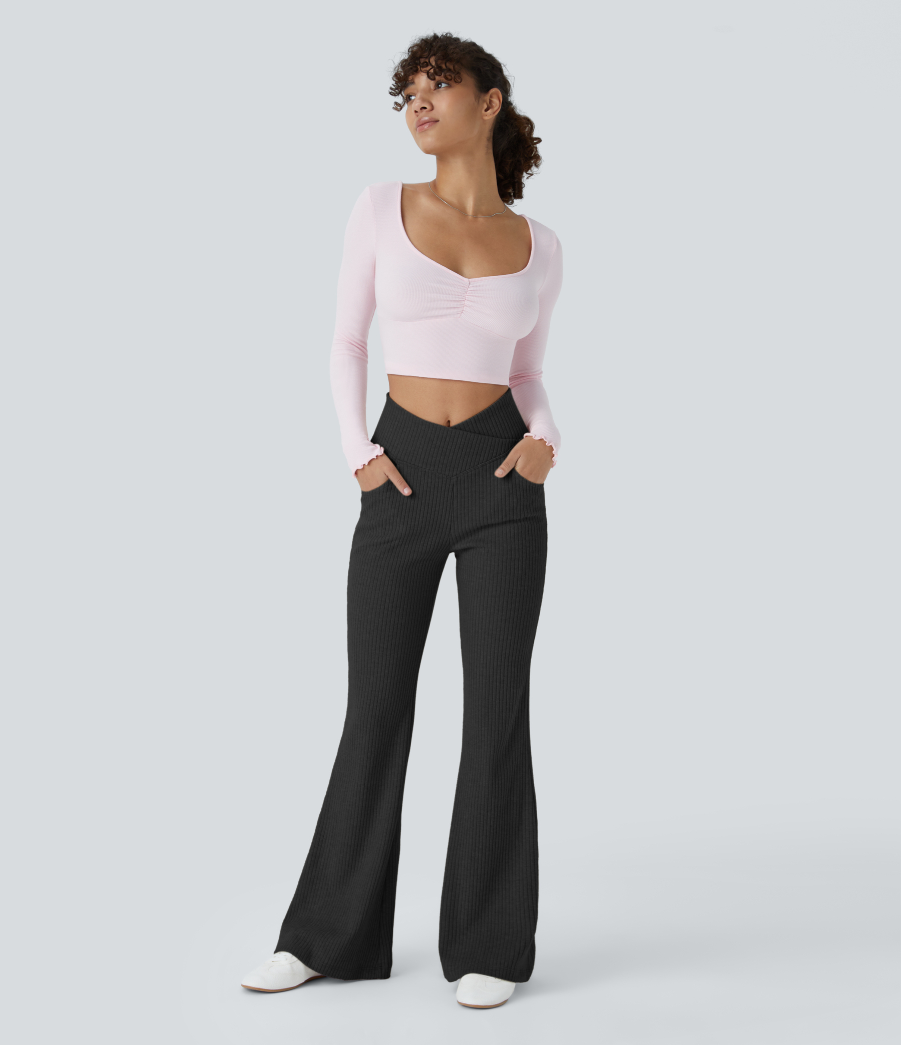 Ribbed Knit Crossover High Waisted Pocket Casual Flare Pants