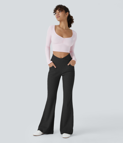 Ribbed Knit Crossover High Waisted Pocket Casual Flare Pants