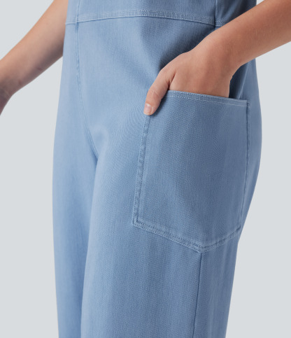 V Neck Pocket Washed Denim Casual Overalls
