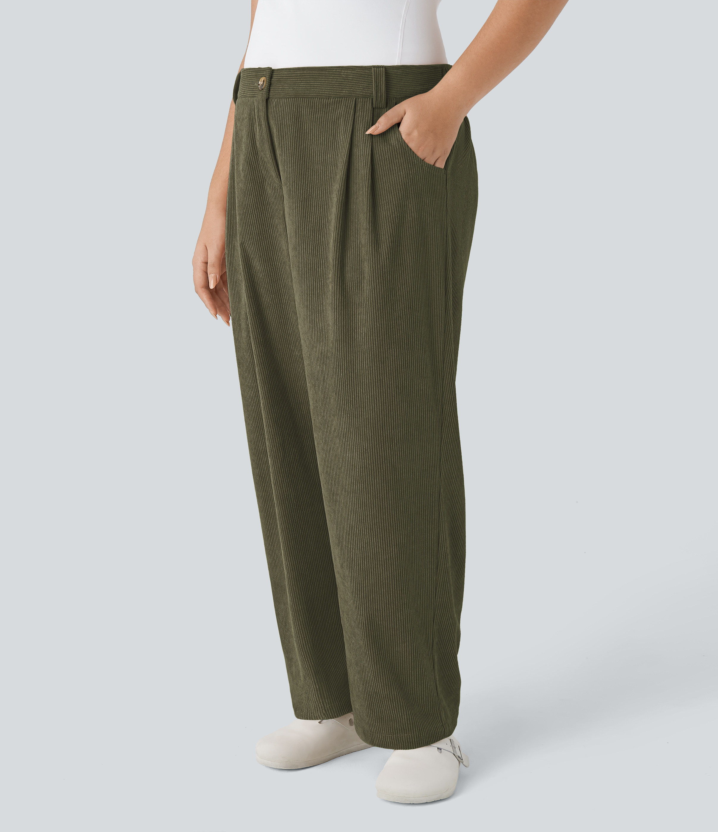 Mid Rise Zipper Pocket Plus Size Corduroy Casual Pants