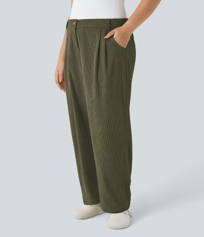 Mid Rise Zipper Pocket Plus Size Corduroy Casual Pants