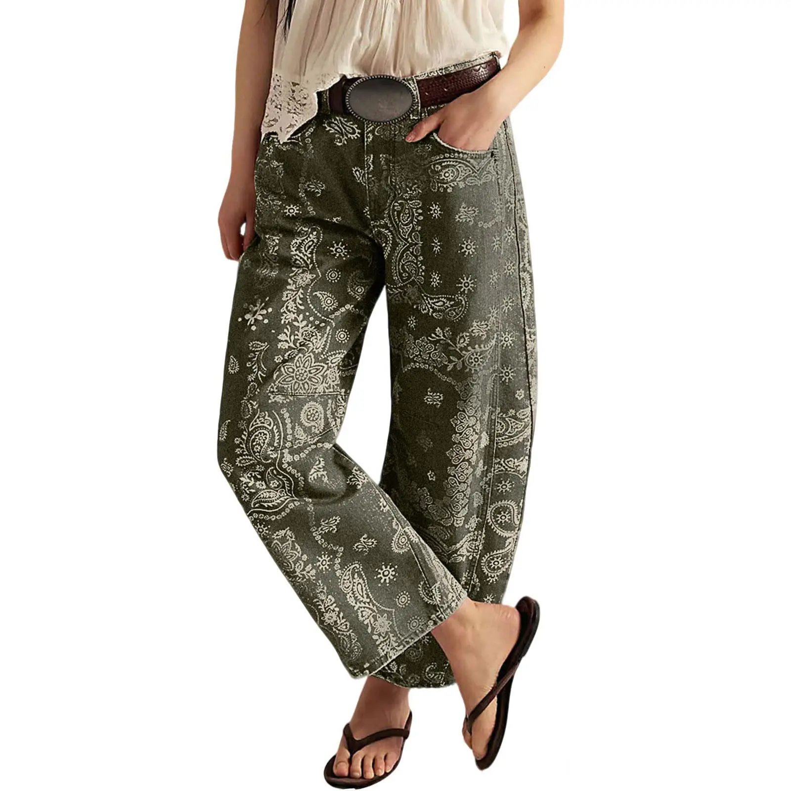Women's Printed Wide-Leg Jeans Y2k Loose Mid-Rise Jeans in Soft Pink with Boho Floral Pattern Casual Denim Trousers