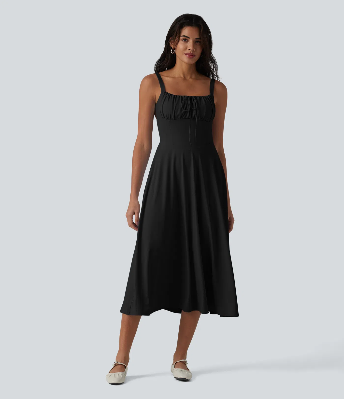 Crisscross Backless Square Neck Sleeveless Ruched Built-in Bra Midi Resort Flowy Dress