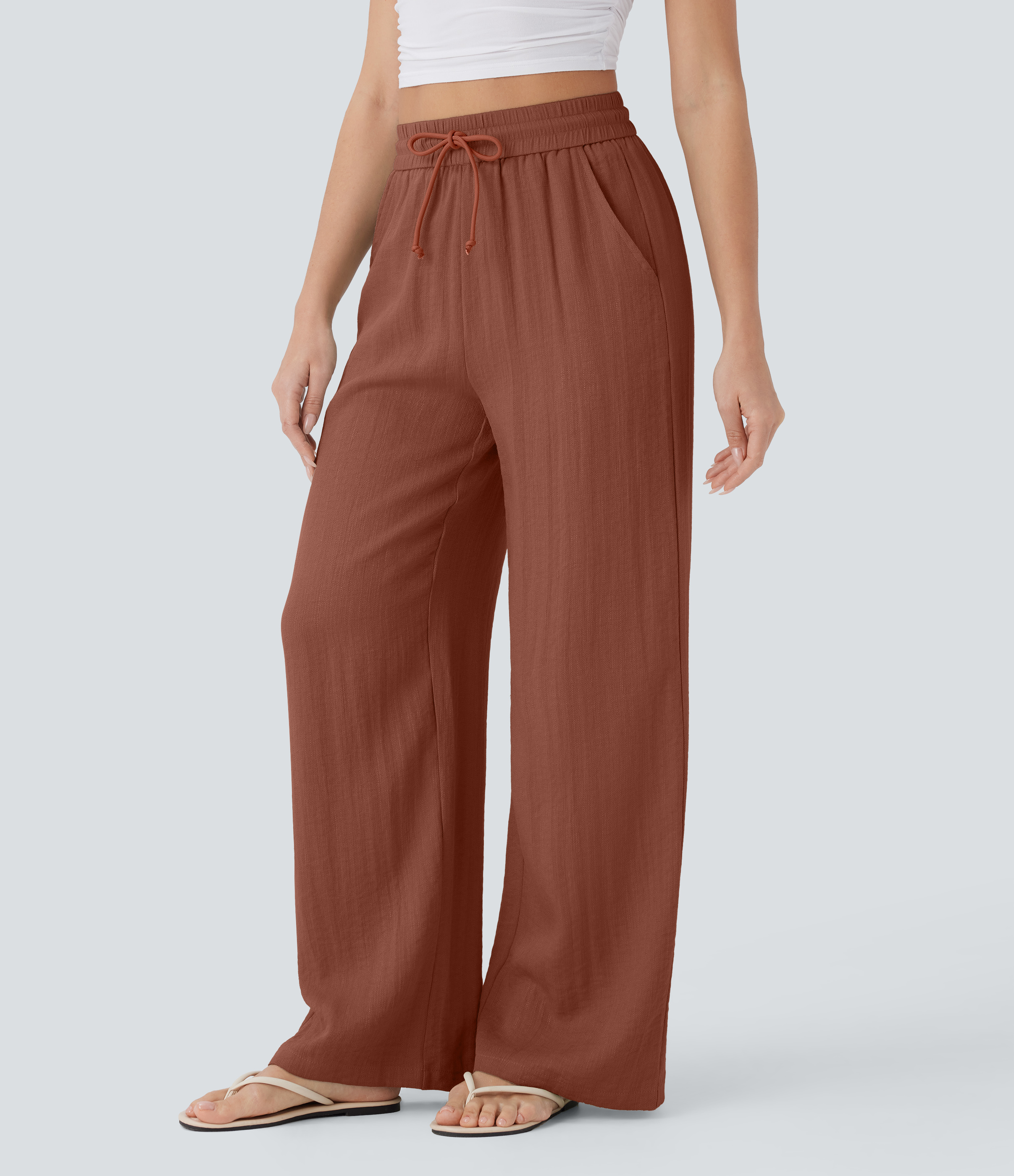 High Waisted Drawstring Pocket Wide Leg Casual Linen-Feel Pants