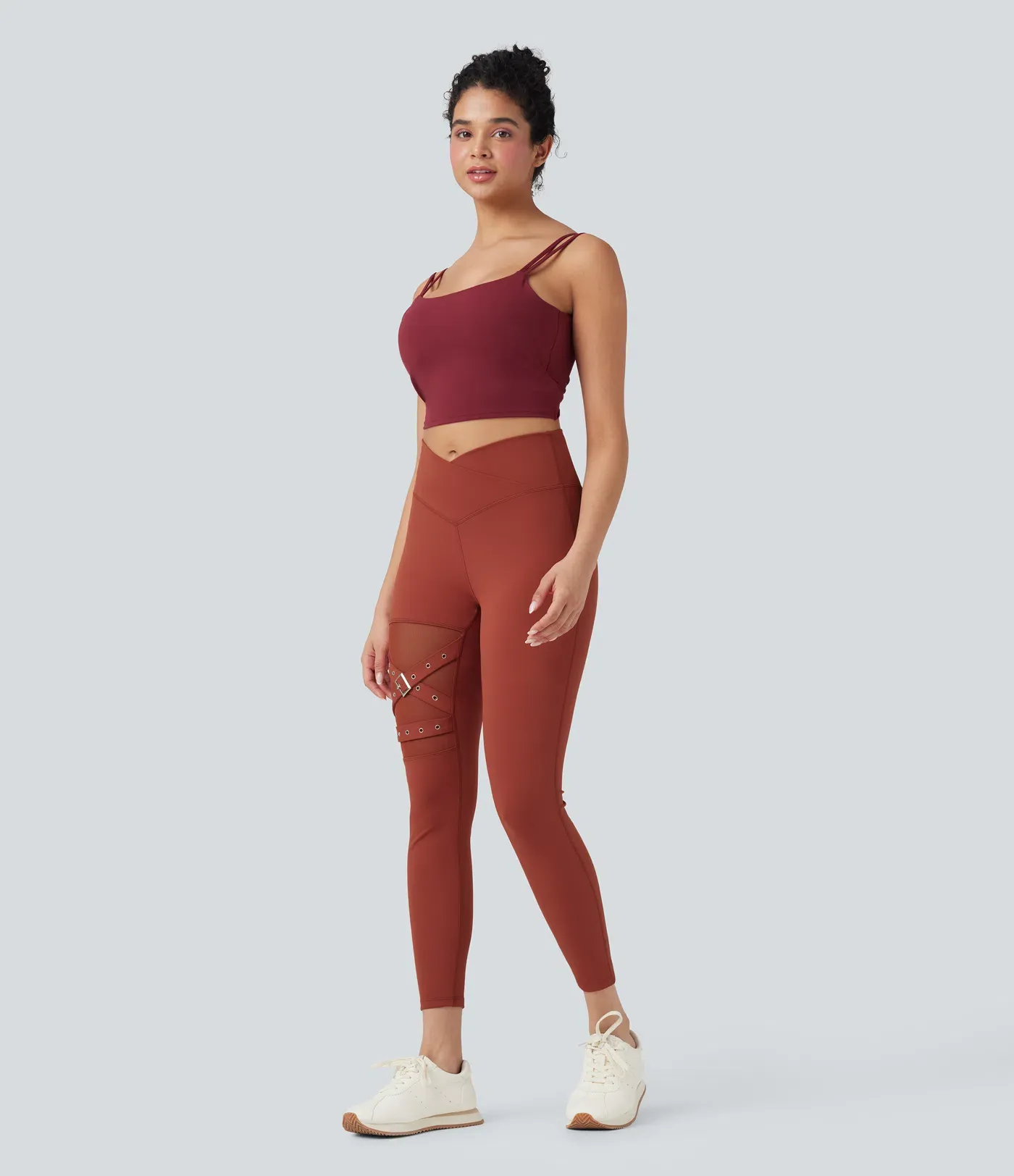 DayStretch High Waisted Crossover Contrast Mesh Decorative Buckle Yoga Leggings