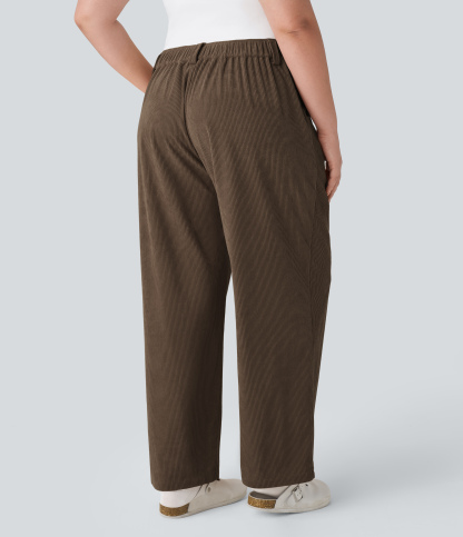 Mid Rise Zipper Pocket Plus Size Corduroy Casual Pants