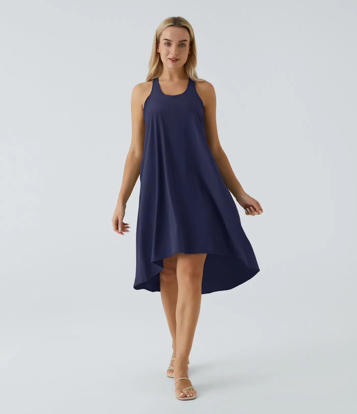 Backless Side-Pocket High-Low Hem Flowy Mid-Length Quick-Drying Casual Dress