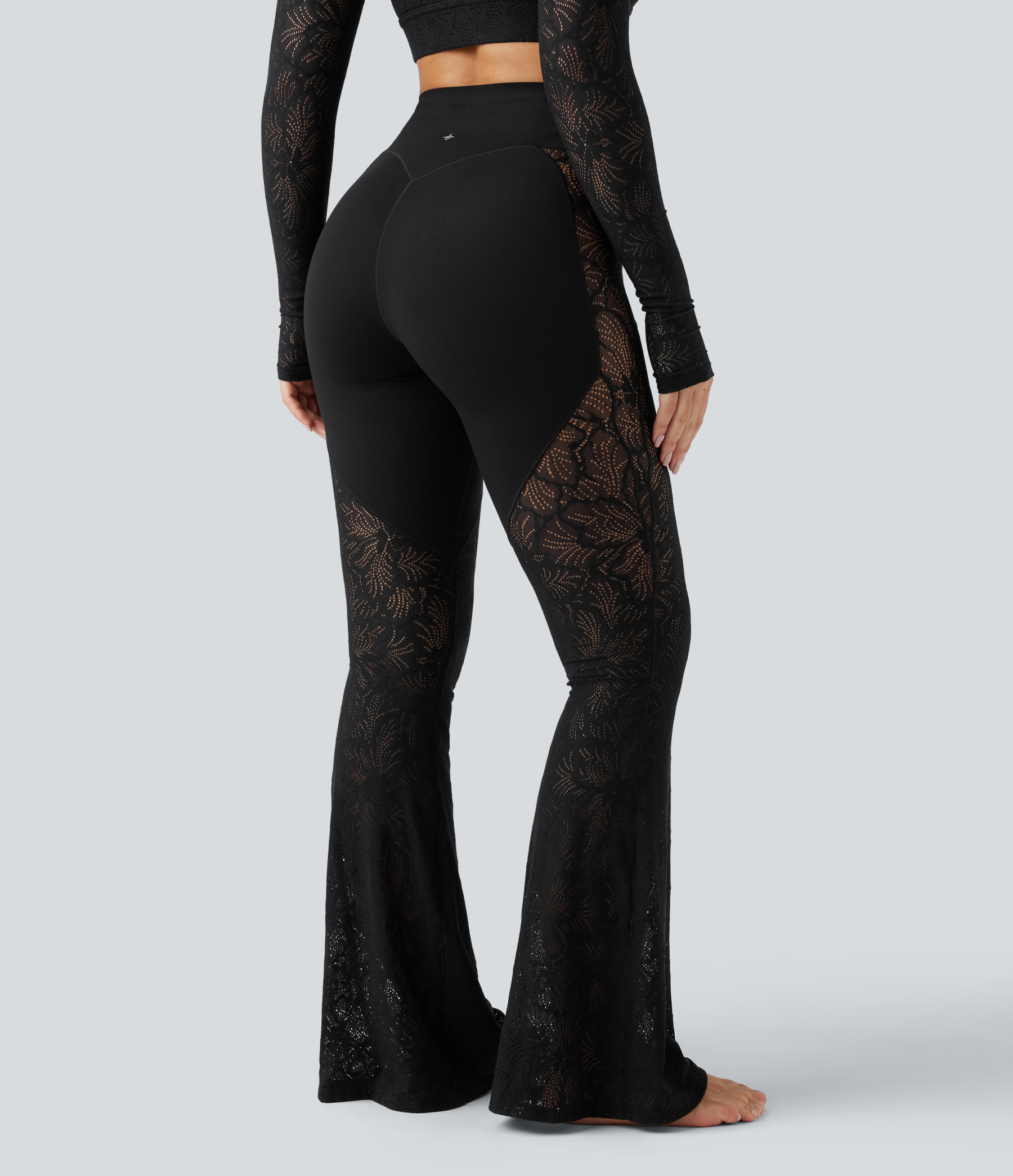 High Waisted Tummy Control Contrast Lace Yoga Flare Leggings with Pocket