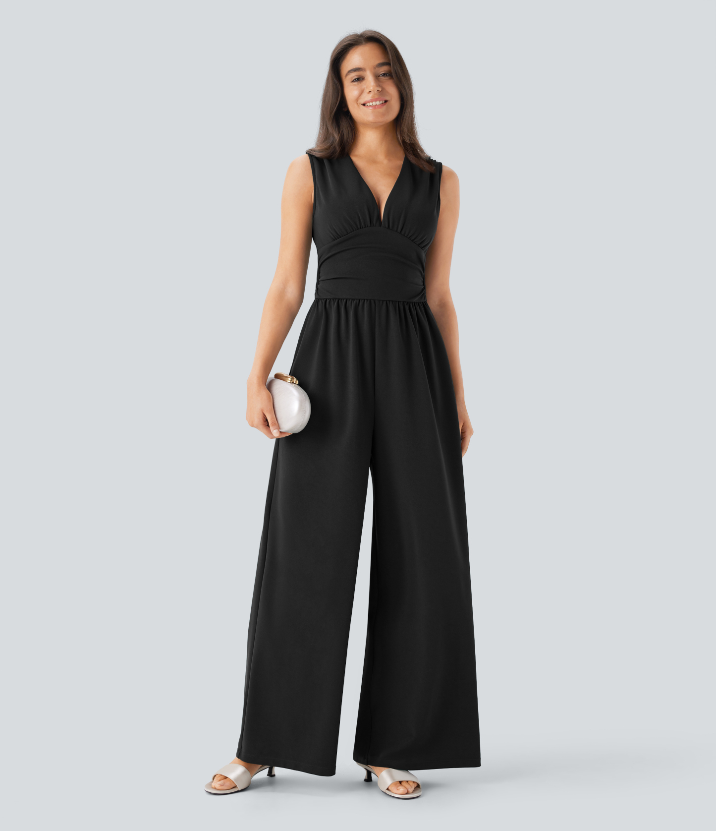 V Neck Sleeveless Ruched Pocket Jumpsuit-Easy Peezy