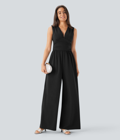 V Neck Sleeveless Ruched Pocket Jumpsuit-Easy Peezy