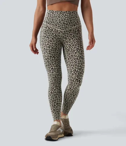 Leopard Print High Waisted Tummy Control Yoga Leggings with Pockets