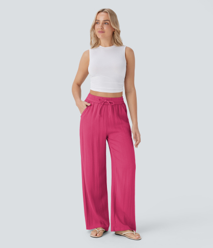 High Waisted Drawstring Pocket Wide Leg Casual Linen-Feel Pants