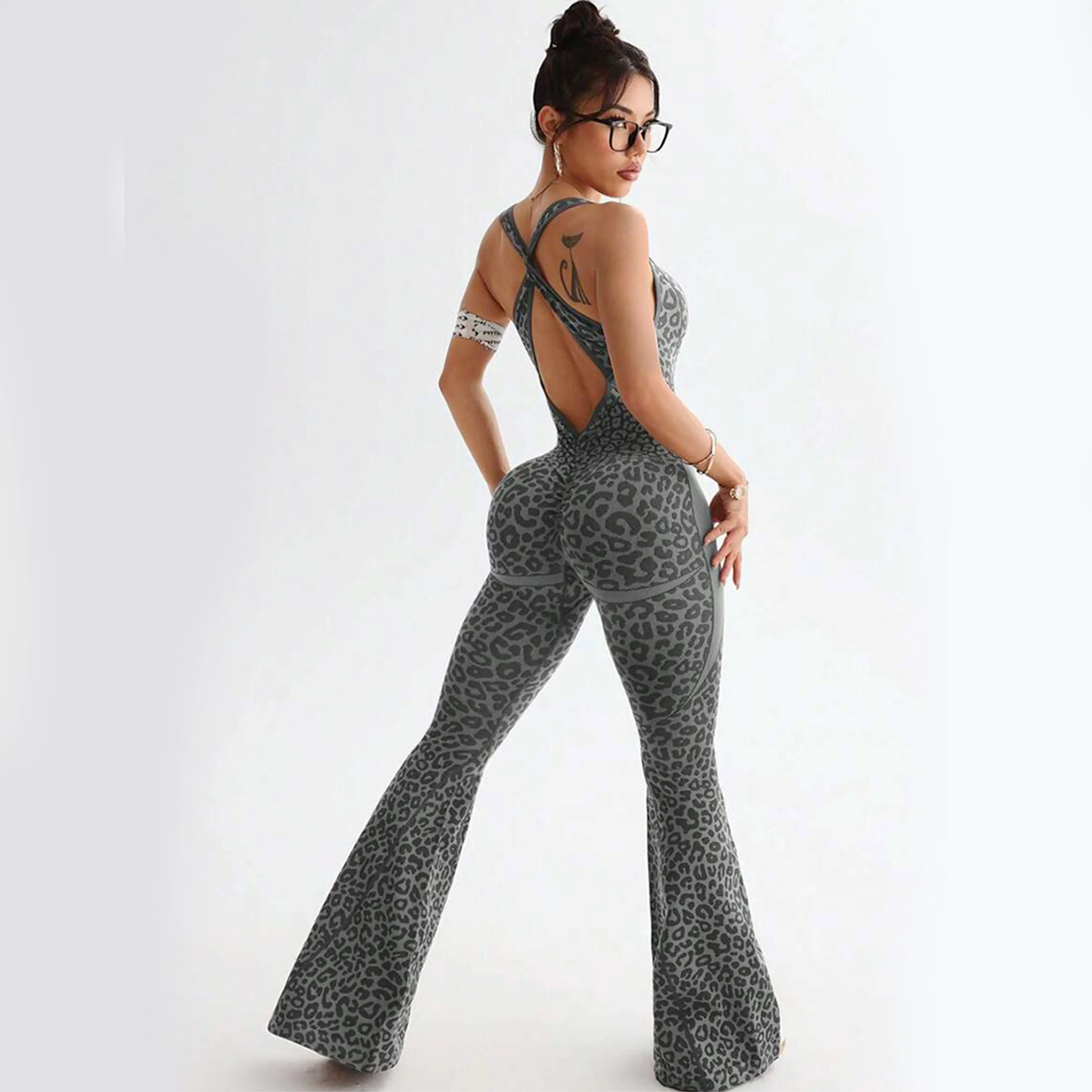 Women's Leopard Print Flared Sports Jumpsuit - Backless Hollow Cross-Twisted Back, High-Waisted, Cooling Quick-Drying, Figure-Flattering Gym Apparel, Sports Clothes, Casual Style for Yoga/Outdoor, Clothes for Women
