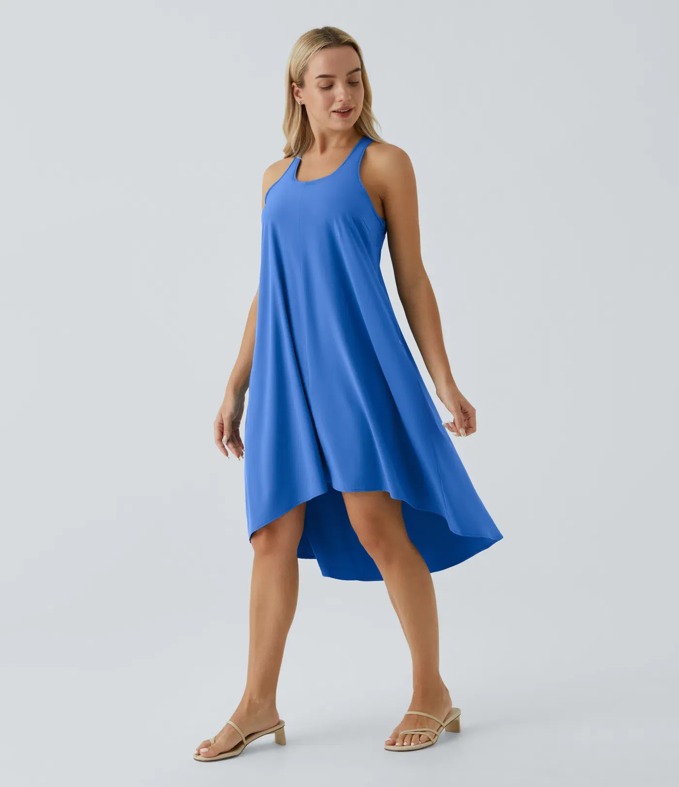 Backless Side-Pocket High-Low Hem Flowy Mid-Length Quick-Drying Casual Dress