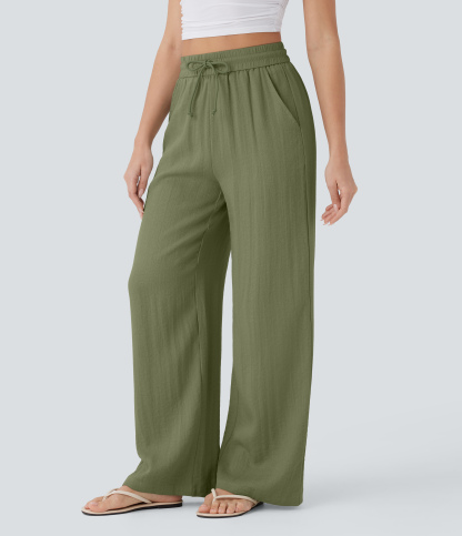 High Waisted Drawstring Pocket Wide Leg Casual Linen-Feel Pants