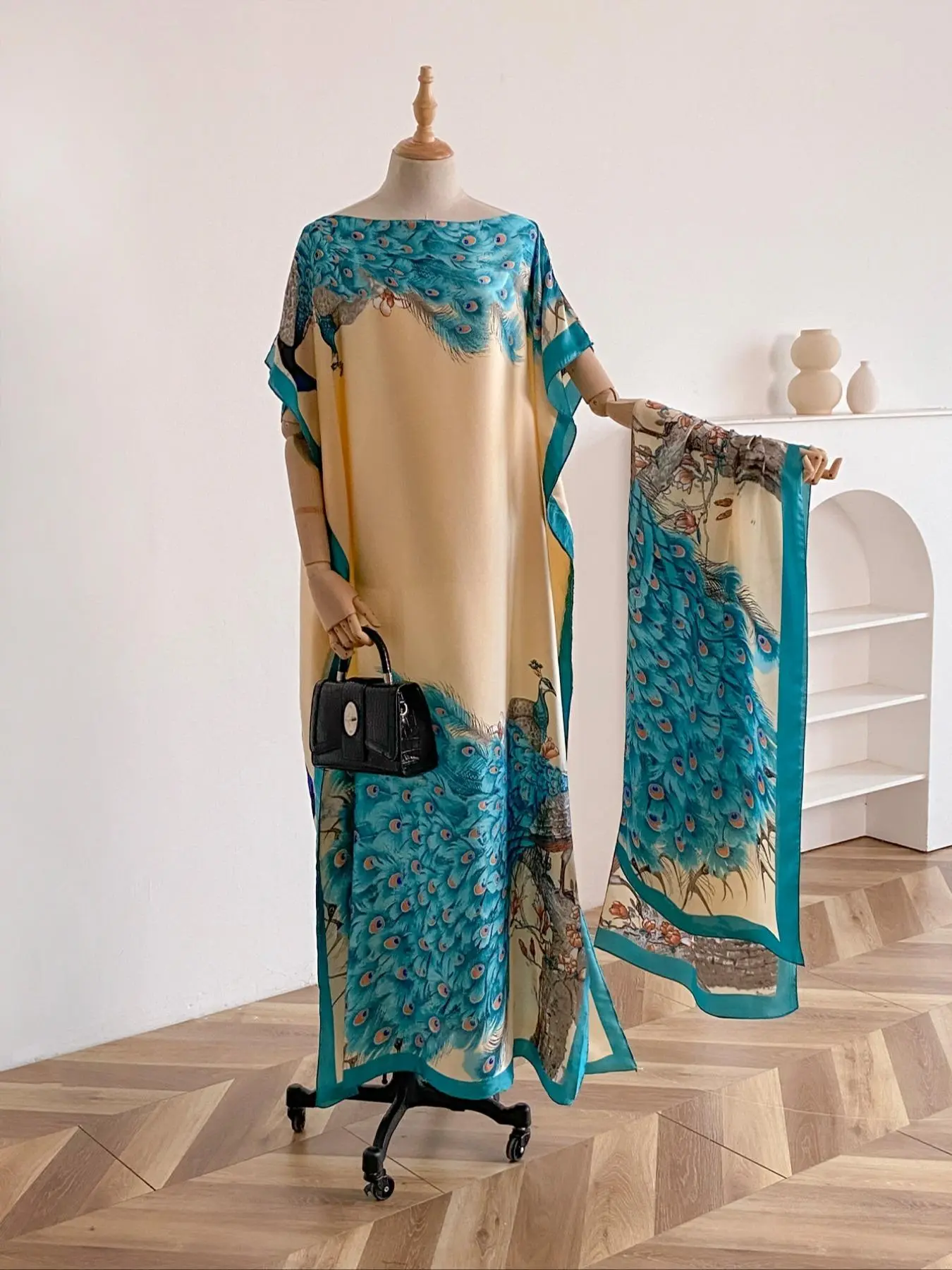 Women's Peacock Print Cape Shawl & Scarf Set, Elegant Beach Cover-Up For Holiday Vacation, Swimsuit Cover Up