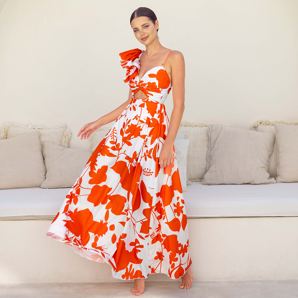 Plus Size One Shoulder Ruffle Printed One Piece Swimsuit and Skirt