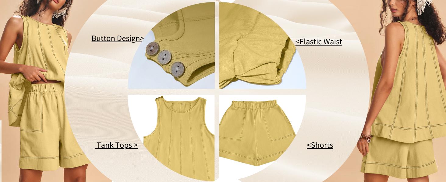 SCUSTY Women's Two Piece Outfit Cotton Matching Set  A-Line Sleeveless Tank Tops and High-Waist Shorts with Pockets