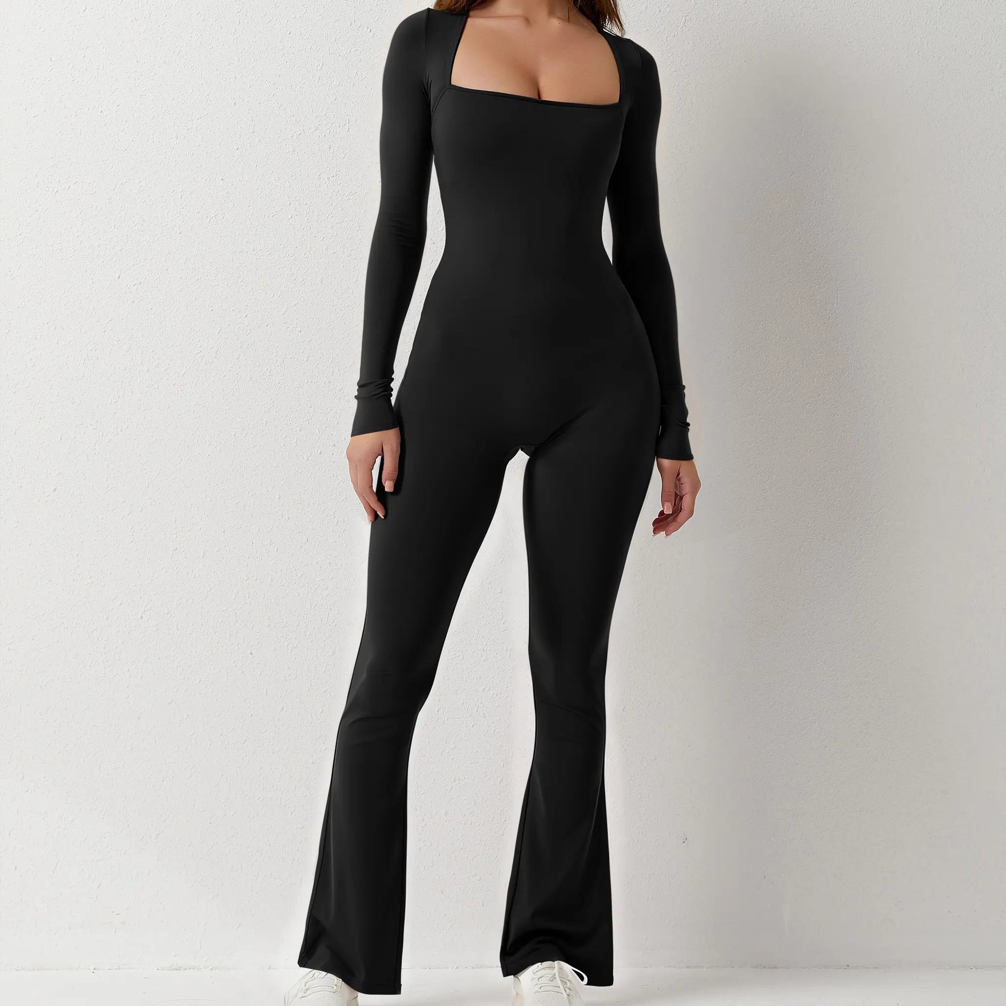 low neckline Jumpsuits for Women Square Neck Wide Leg Full Length Romper Playsuit