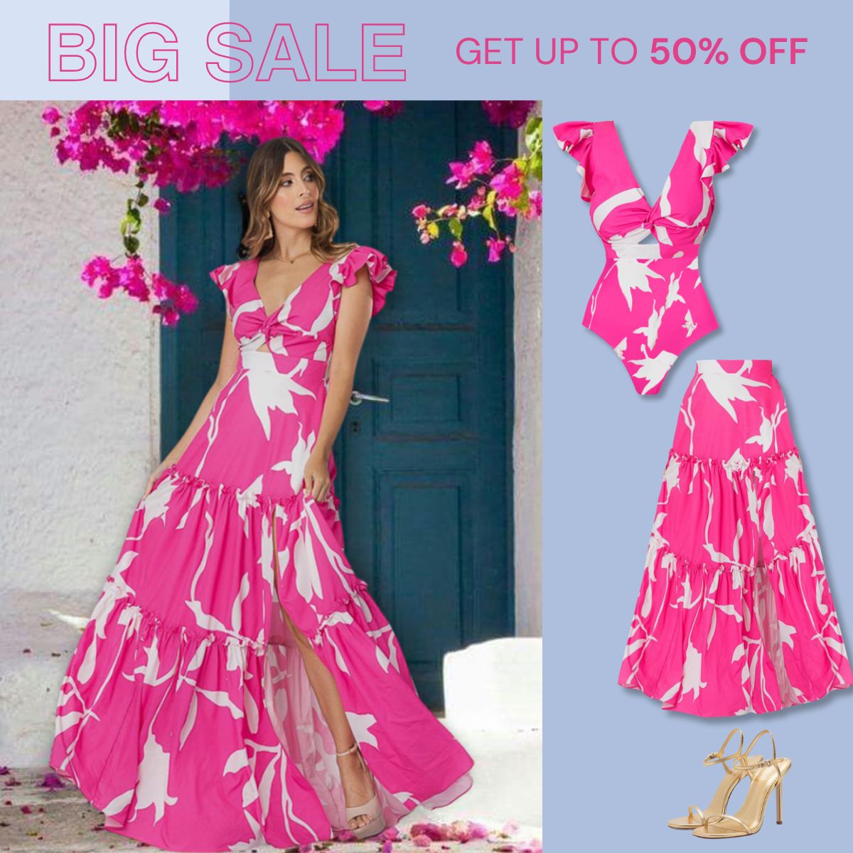 Plus Size V Neck Ruffle Printed One Piece Swimsuit and Skirt