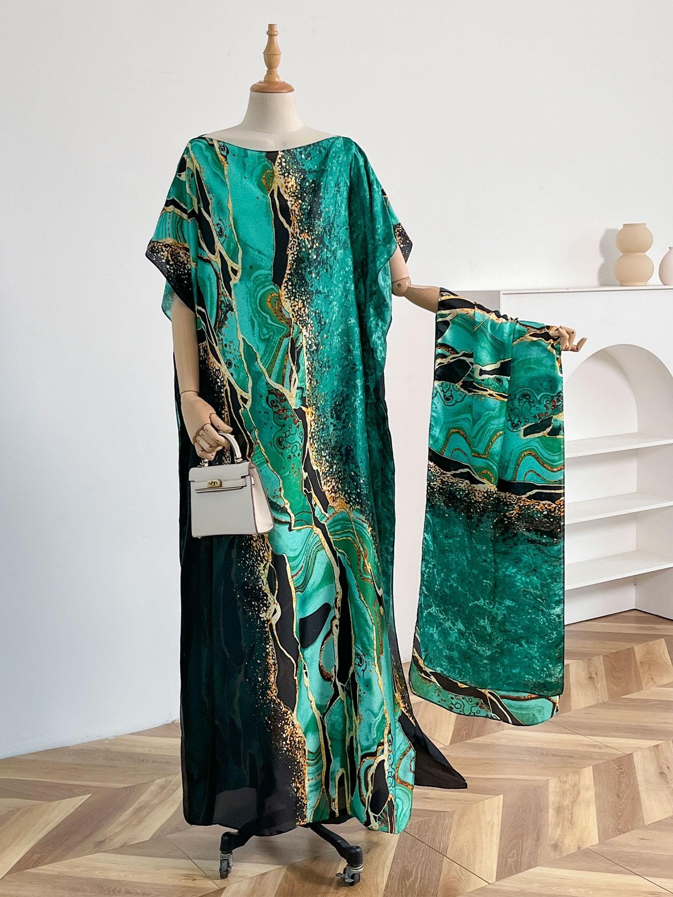 Women's Peacock Print Cape Shawl & Scarf Set, Elegant Beach Cover-Up For Holiday Vacation, Swimsuit Cover Up