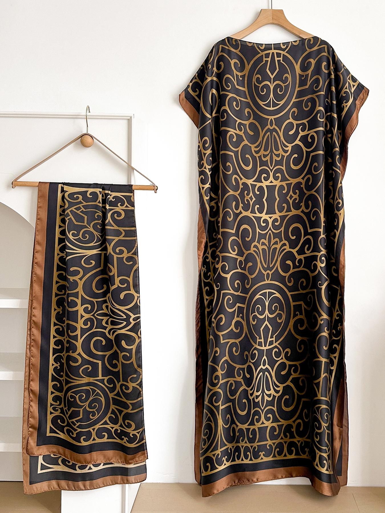 Women's Peacock Print Cape Shawl & Scarf Set, Elegant Beach Cover-Up For Holiday Vacation, Swimsuit Cover Up