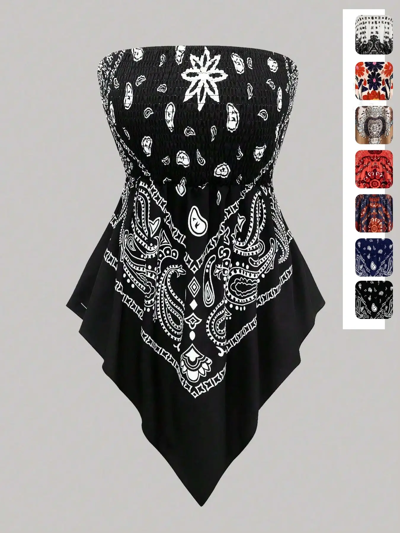 Plus Size Women's Ethnic Print Strapless Top, Bohemian Style Asymmetrical Hem Tube Top, Casual Summer Fashion Top