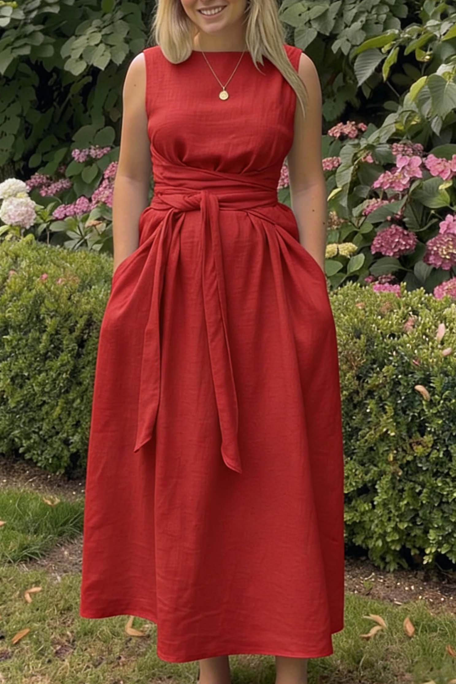 Solid Color Square Neck Tie-Waist Maxi Dress