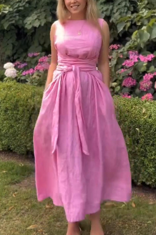 Solid Color Square Neck Tie-Waist Maxi Dress