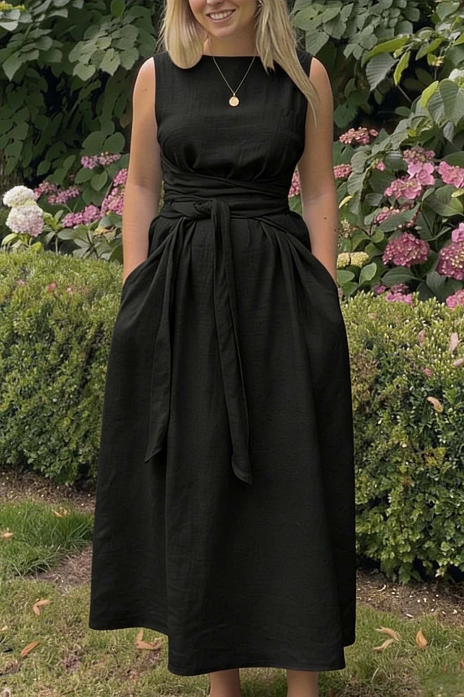 Solid Color Square Neck Tie-Waist Maxi Dress