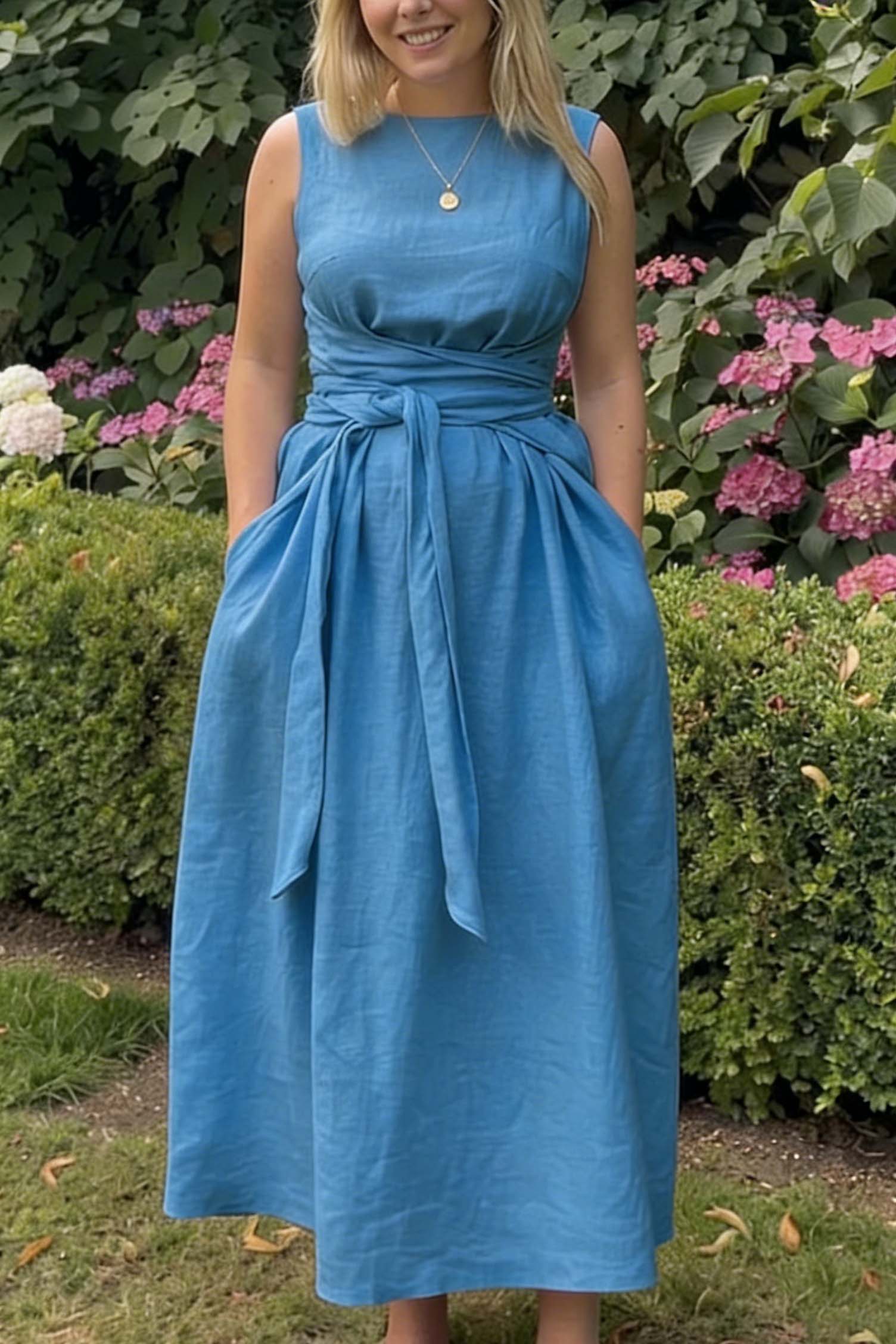 Solid Color Square Neck Tie-Waist Maxi Dress