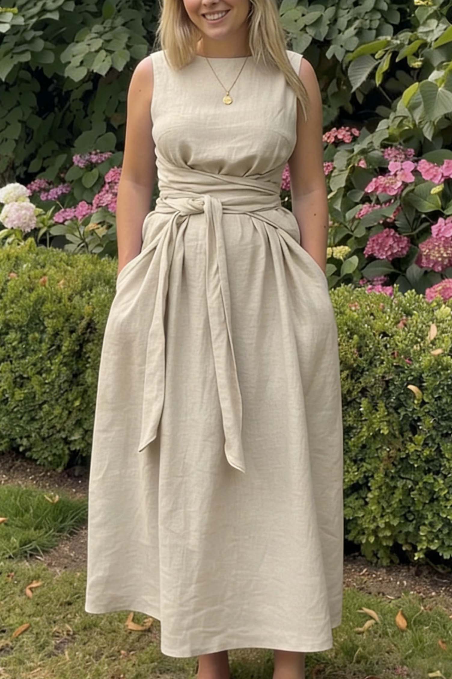 Solid Color Square Neck Tie-Waist Maxi Dress