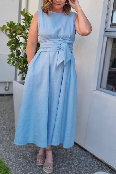 Solid Color Square Neck Tie-Waist Maxi Dress