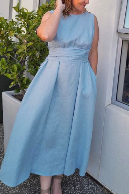 Solid Color Square Neck Tie-Waist Maxi Dress