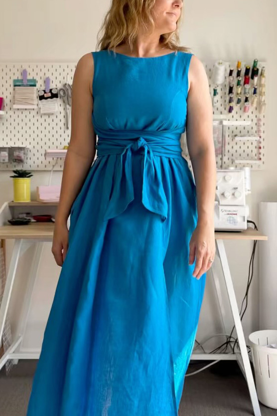 Solid Color Square Neck Tie-Waist Maxi Dress