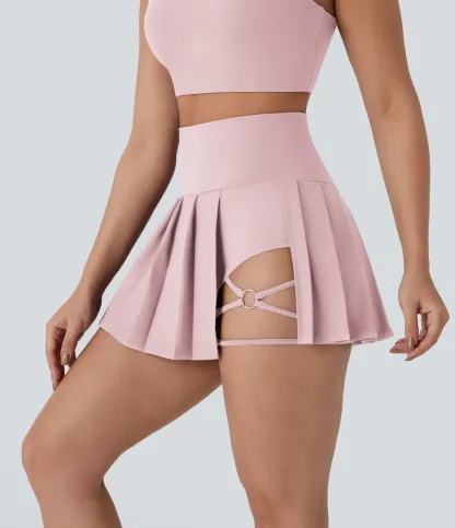 High Waisted Pleated 2-in-1 Side & Pocket Asymmetric Hem Quick Dry Mini Dance Skirt