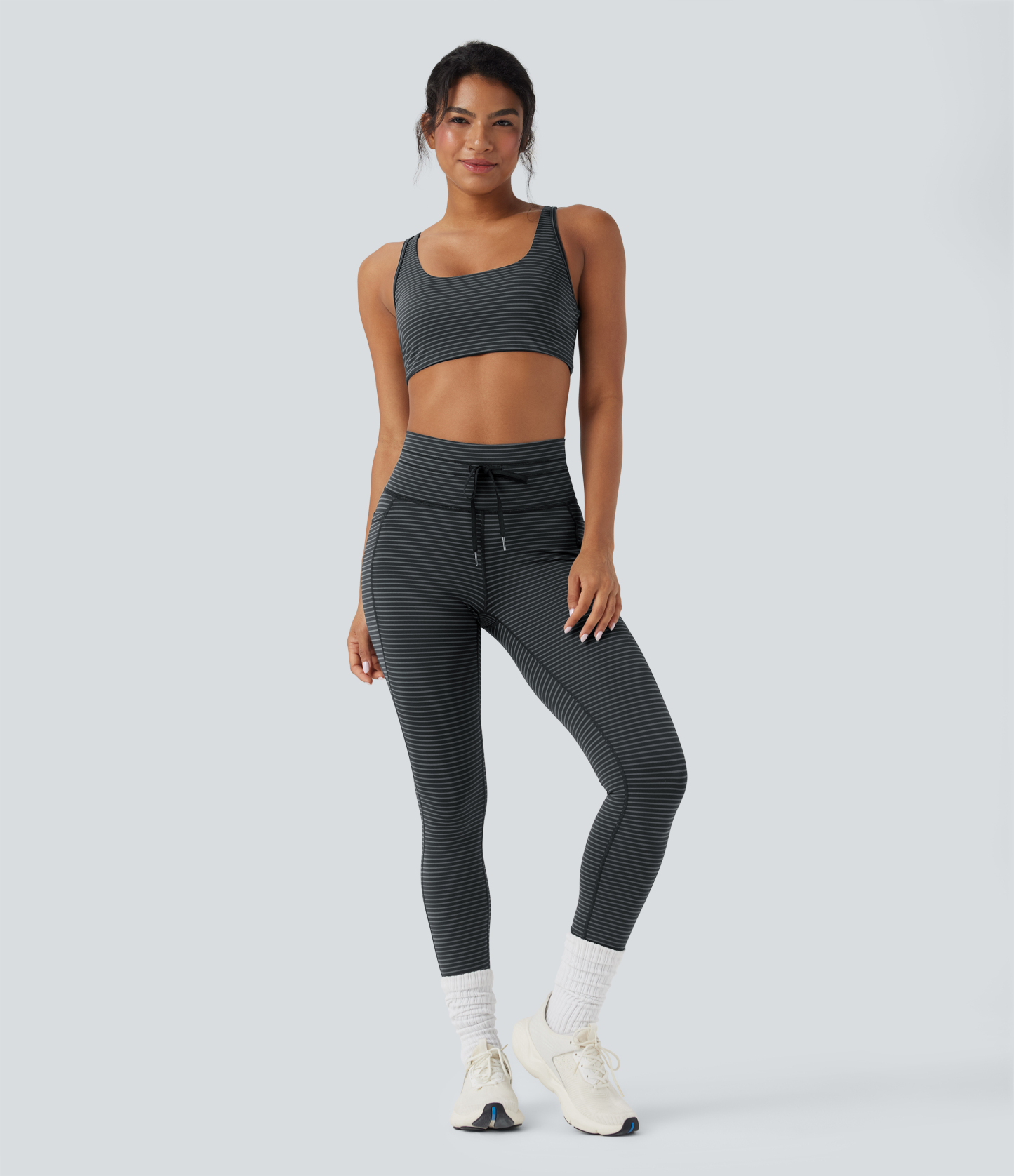 High Waisted Drawstring Striped Yoga Leggings with Pockets
