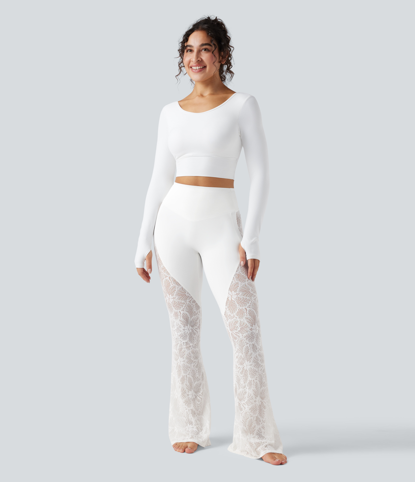 High Waisted Tummy Control Contrast Lace Yoga Flare Leggings with Pocket