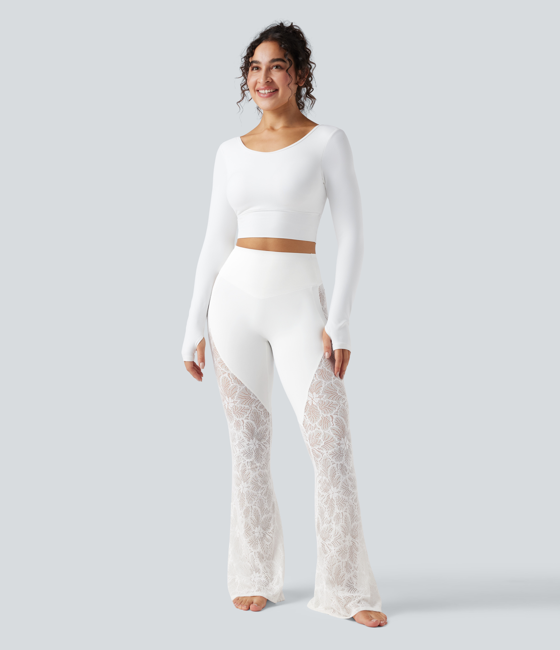 High Waisted Tummy Control Contrast Lace Yoga Flare Leggings with Pocket