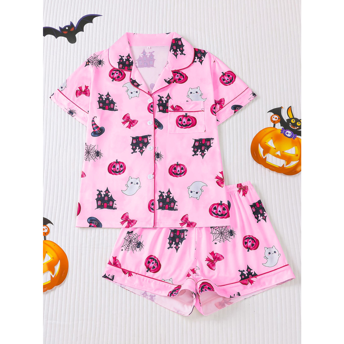 【Halloween】 Women's Halloween Cartoon Print Pajama Set, Cute Funny Sleepwear, Loungewear, 2-Piece Short Sleeve, Fitted, Above the Knee, All Seasons Gift, Top