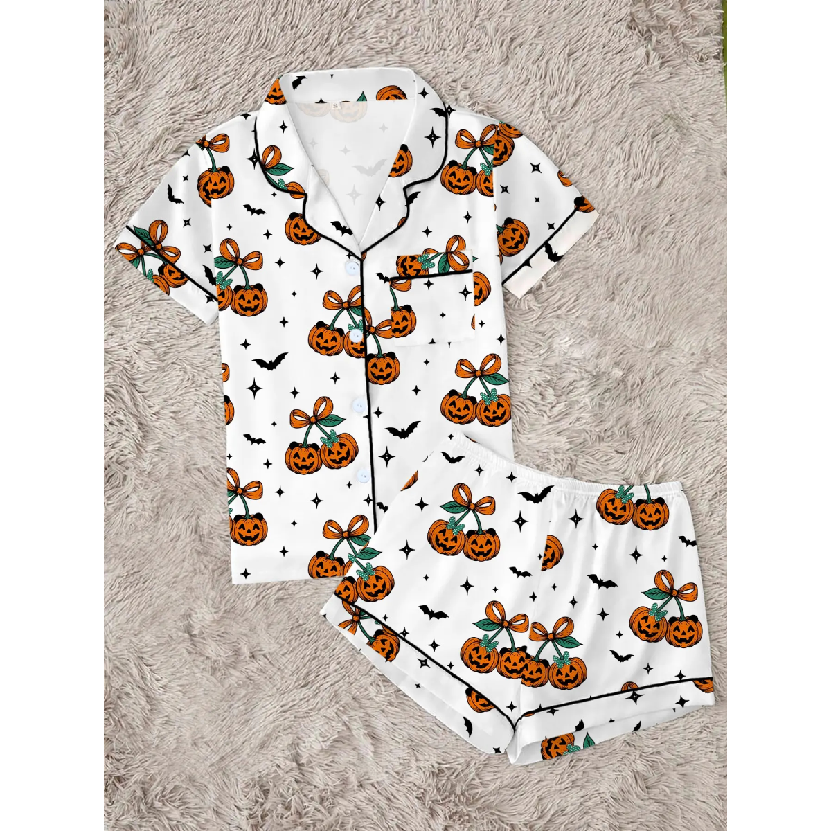 【Halloween】 Women's Halloween Cartoon Print Pajama Set, Cute Funny Sleepwear, Loungewear, 2-Piece Short Sleeve, Fitted, Above the Knee, All Seasons Gift, Top