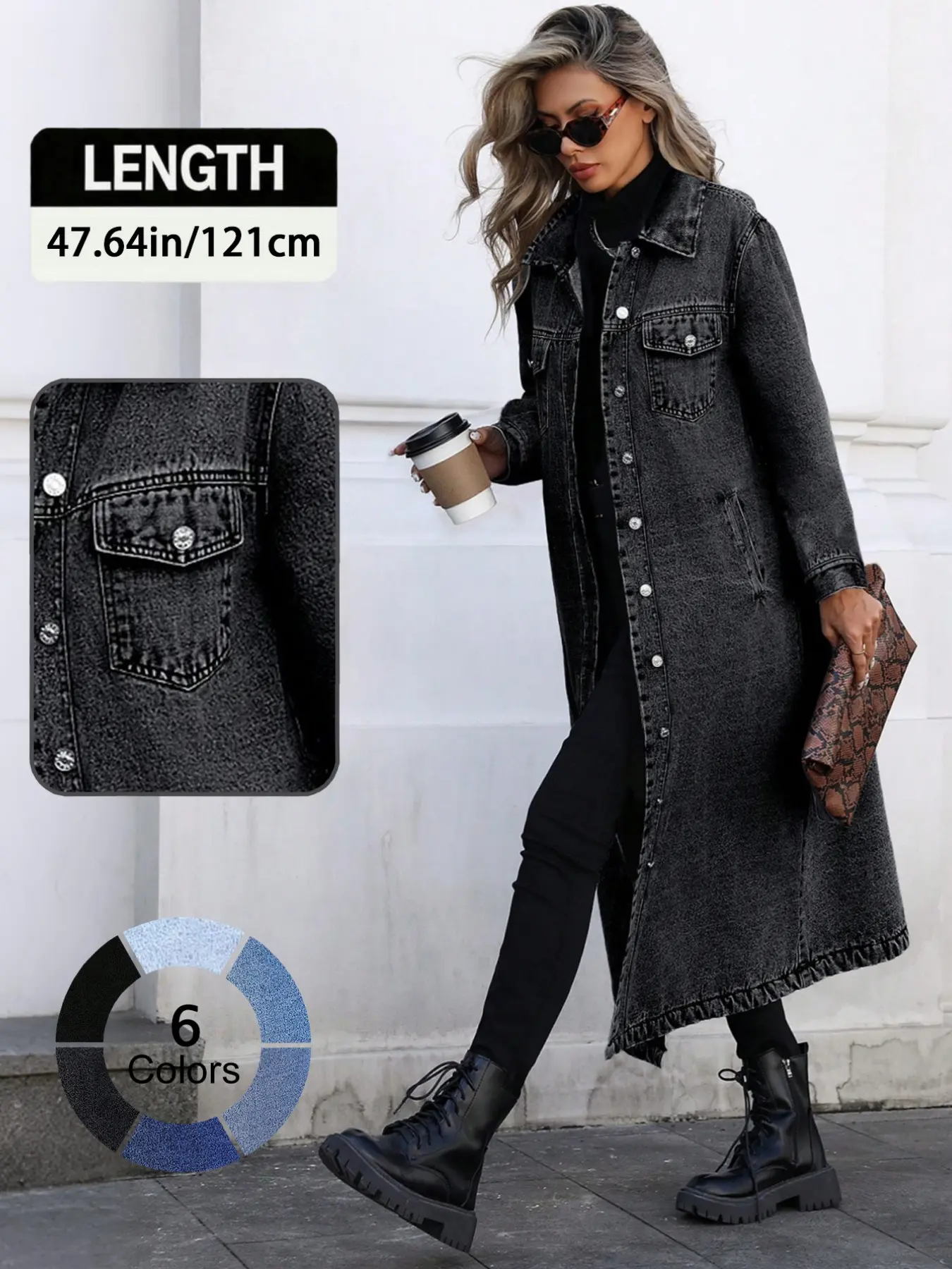Women's Button Front Denim Coat, Elegant Casual Long Sleeve Denim Jacket for Spring & Fall, Women's Clothing for Daily Wear
