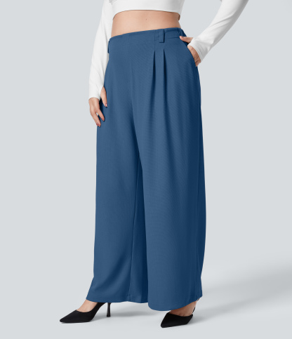 High Waisted Pocket Wide Leg Waffle Work Plus Size Pants