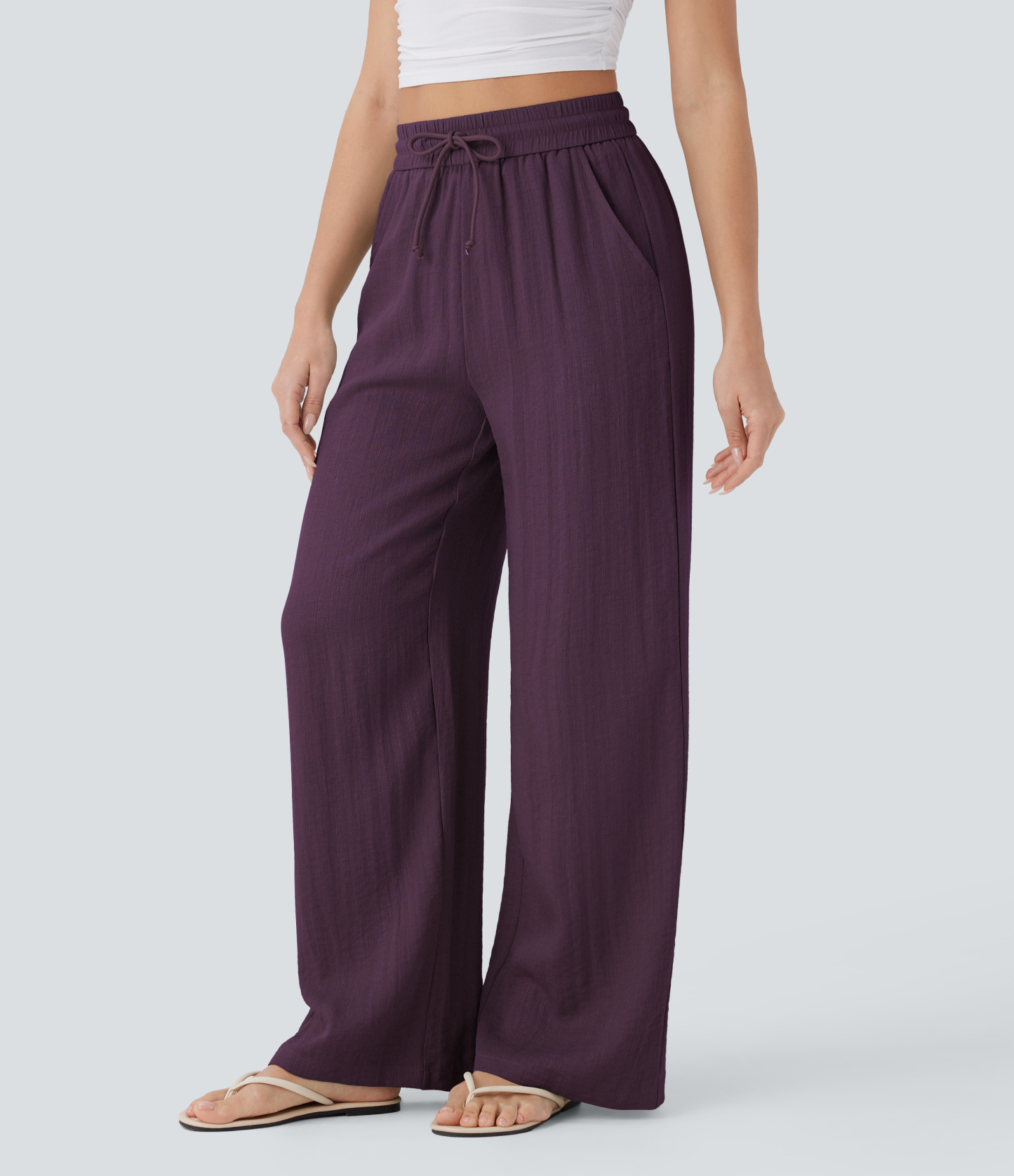 High Waisted Drawstring Pocket Wide Leg Casual Linen-Feel Pants