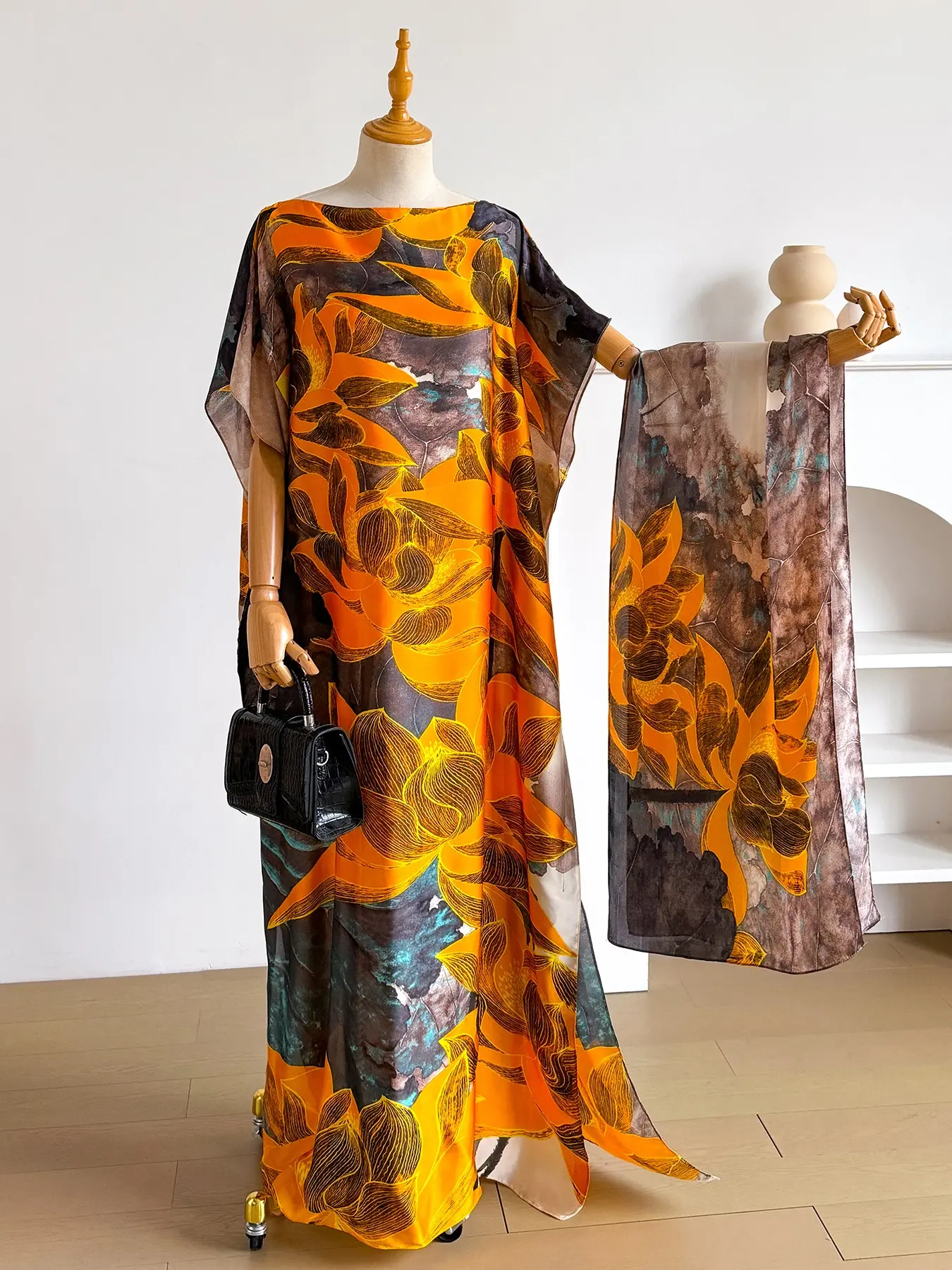 Women's Floral Print Lightweight Long Dress & Scarf Piece Set Outfit, Boho Casual Wear Shawl Dress & Scarf Set for Beach Vacation Holiday, Ladies Clothes for All Seasons