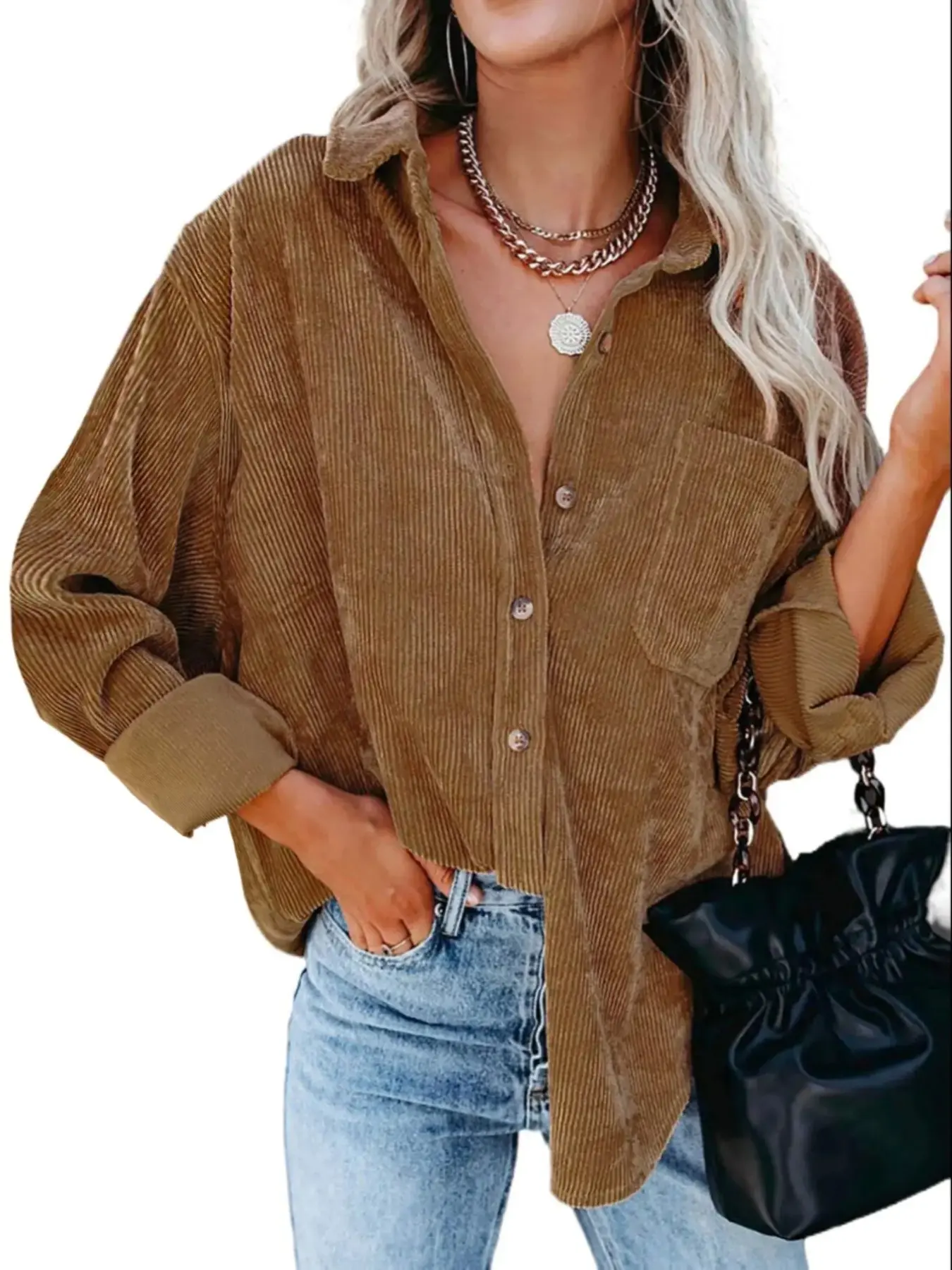 Women's Corduroy Shirt with Pocket - Drop Shoulder Style